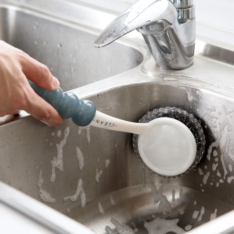 Kitchen Plastic Cleaning Scrubber Metal Wire Ball Dish Brush Wash Pot Brush With Long Handle
