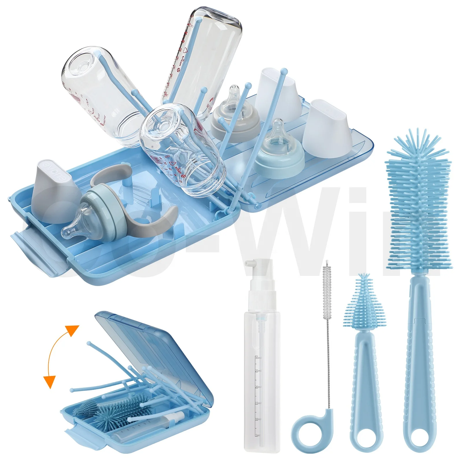 Practical 6 in 1 travel baby bottle cleaning brush set silicone baby bottle drying rack with brush