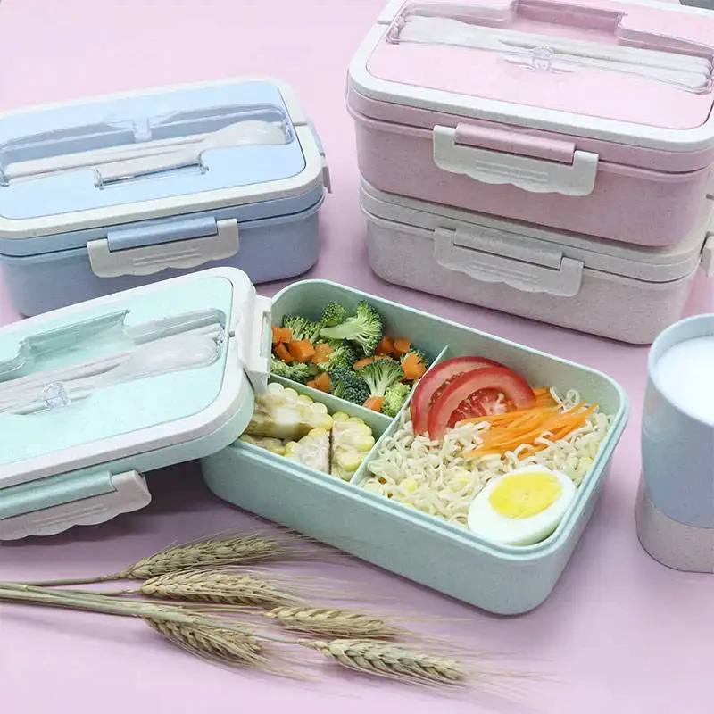 Food Grade Stackable 2 Layers Round Plastic Wheat Straw Food Container Lunch Box Bento Lunch Box with Spoon and Fork