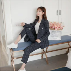 2020 INS Amazon Hot Sale Office Lady Suit Cotton Plaid Women Coat Pants 2pcs Set Spring Autumn Female Business Suit