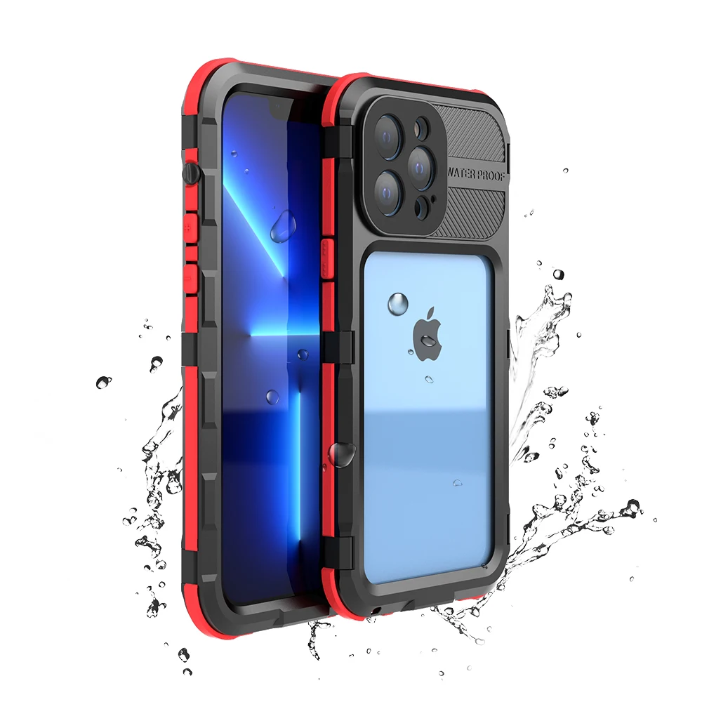 New Arrival Drop-Proof IP68 13 Pro Max Metallic Waterproof Case For IPhone For Swimming/Hiking With Built-In Screen Protector