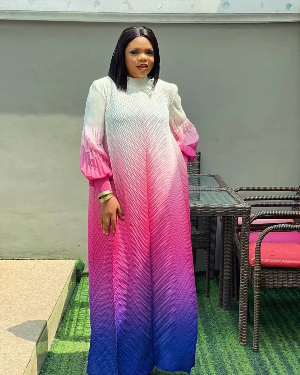 Sheen Elegant Plus Size Miyaki Summer Dresses Women Casual Free Size Gradient Loose Pleated Long Muslim Women Dress For Women