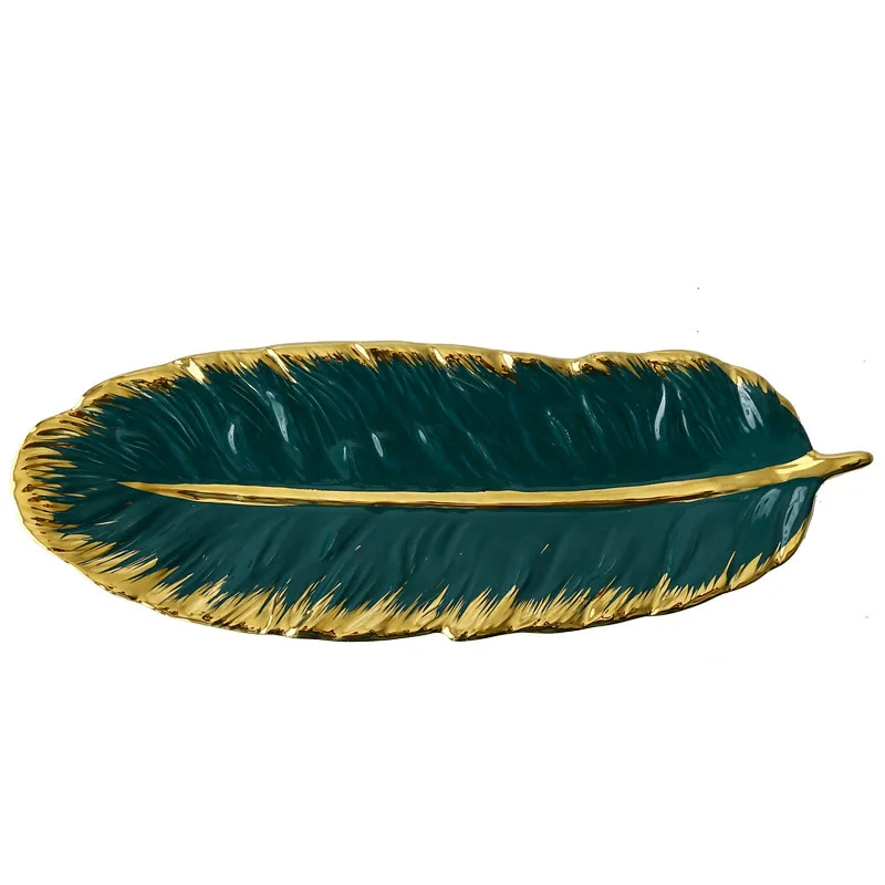 Nordic Golden Trim Home Ceramic Tray Pink Feather Plate Japanese Banana Leaf Fruit Plate Dried Fruit Tray Organizer Plate