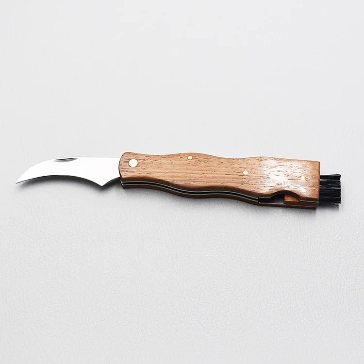 Modern Mushroom Design Foldable Cleaning Brush Neoprene Pouch Solid Wood Handle Stainless Steel Blade Pocket Knife
