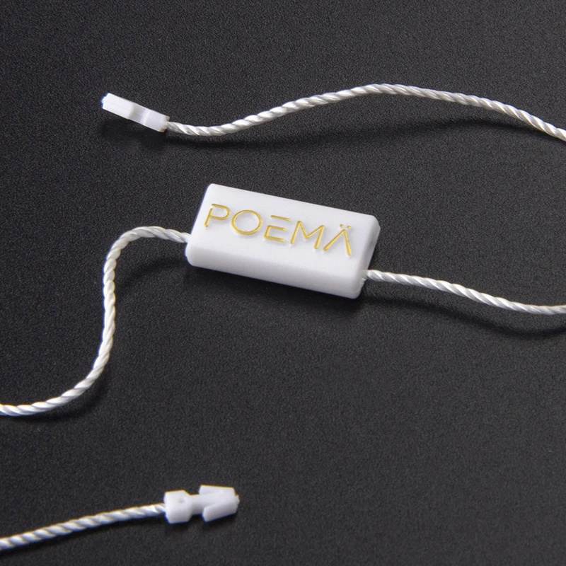 Custom Logo Clothing White Embossed Plastic Seal Lock Fastener Hang Tag String for Garment