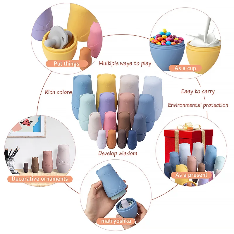 Montessori Silicone Nesting Panda Animal Russian Dolls Baby Matryoshka Educational Toys For Children
