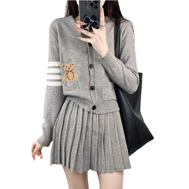 High School girls v neck short bear cardigan and mini skirt uniform twin set