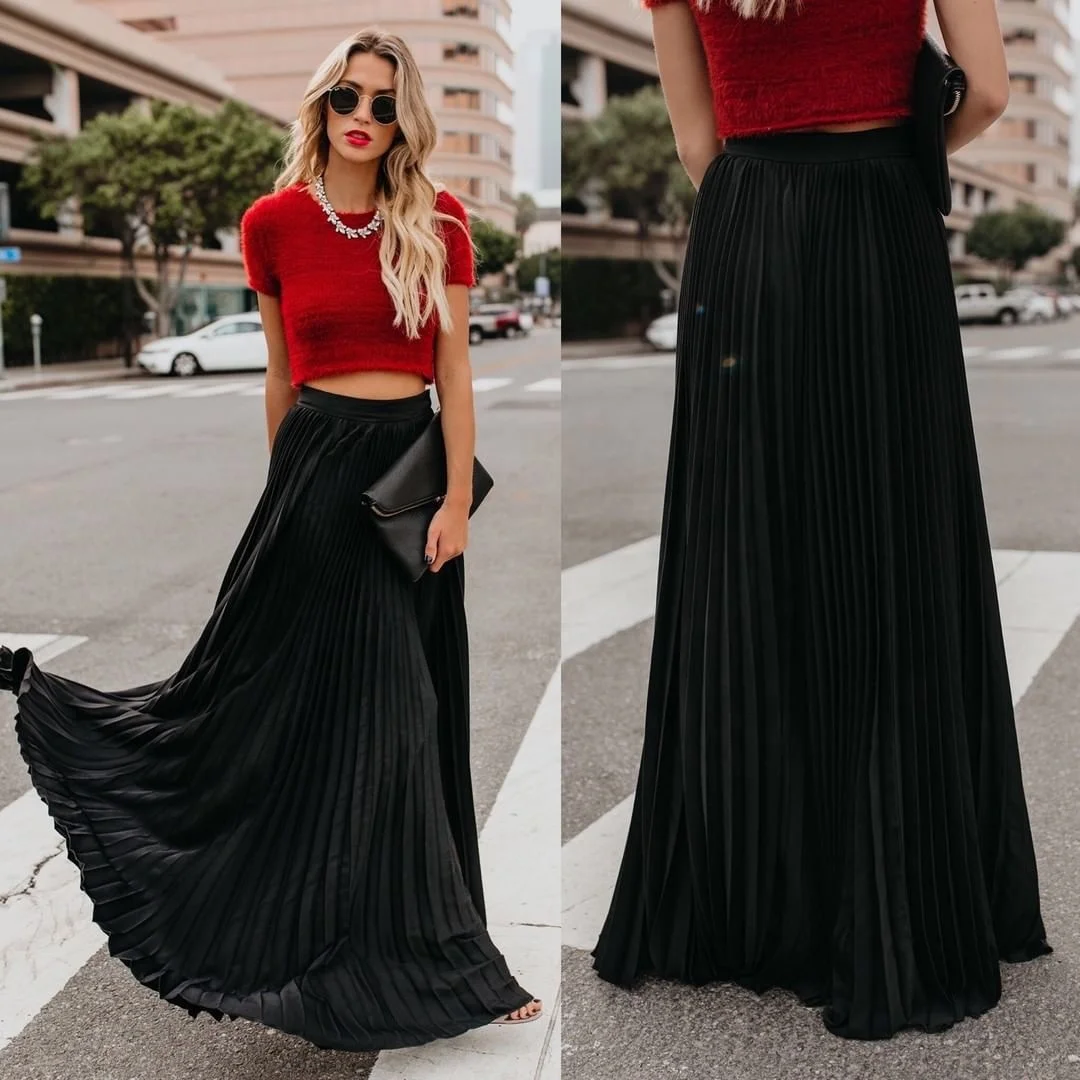 New Women High Waist Pleated Elastic Solid Color Long Skirts Elegant Ladies Fashion Long Maxi Skirt