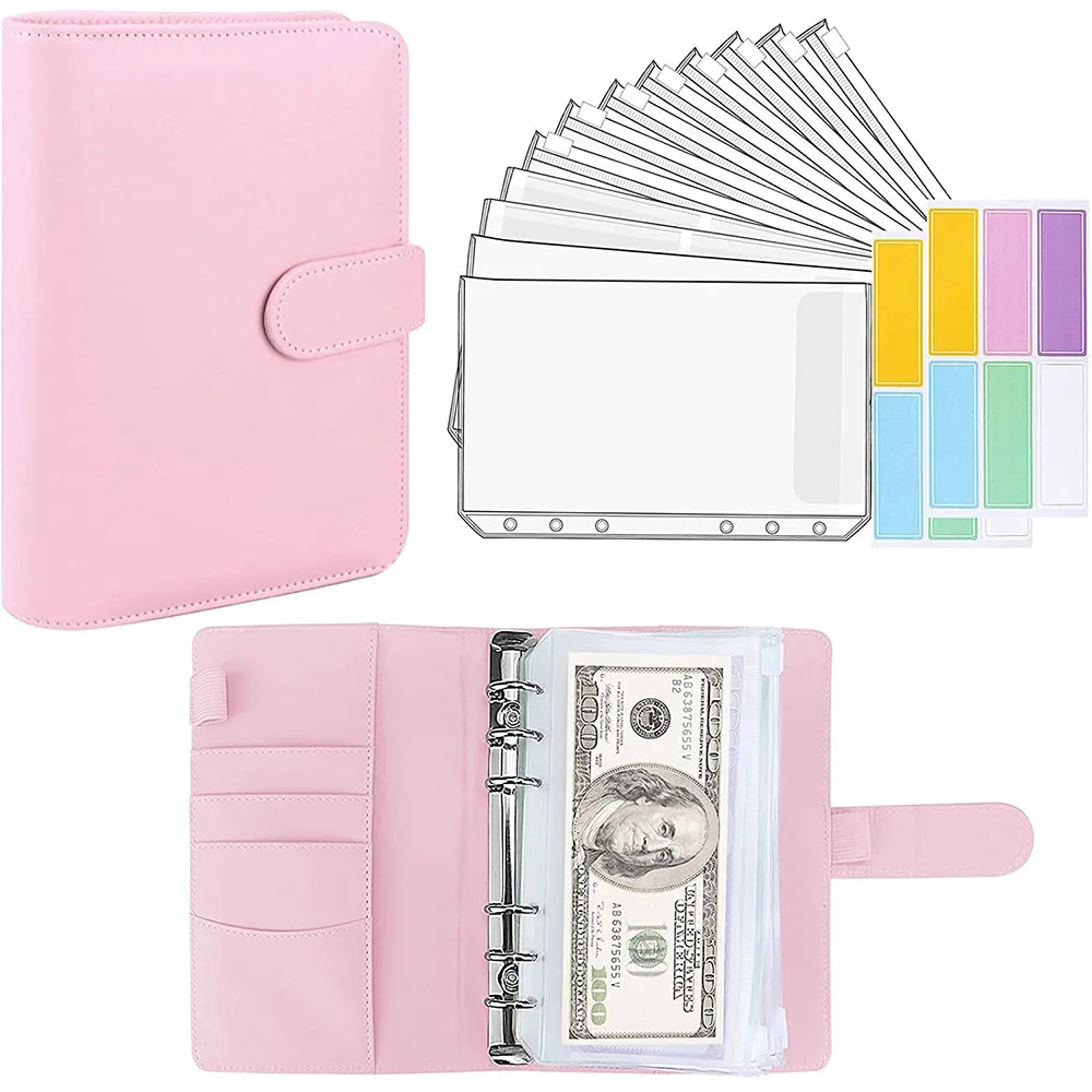 LABON A6 Binder Budget Planner Notebook Covers Folder A6 Size 6 Hole Binder Pockets Plastic Binder Zipper Money Saving Envelope