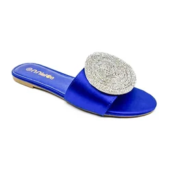 Fancy Wholesale Lady Shiny Slipper Footwear PU Leather Crystal Diamond For Summer Outdoor Women Flat Slide