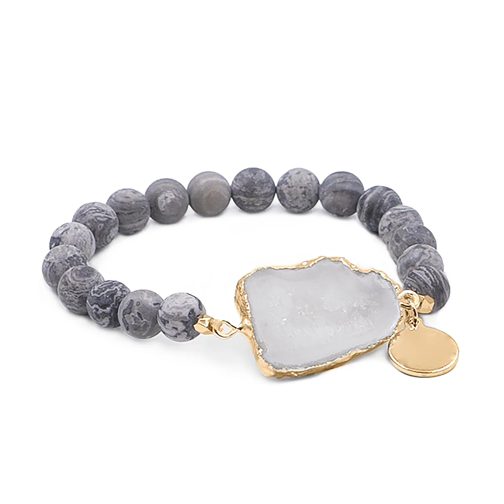 Bohemia Fashion Healing Jewelry, Natural White Agate Druzy Geode Slice Stretch Bracelet,Gift for Her