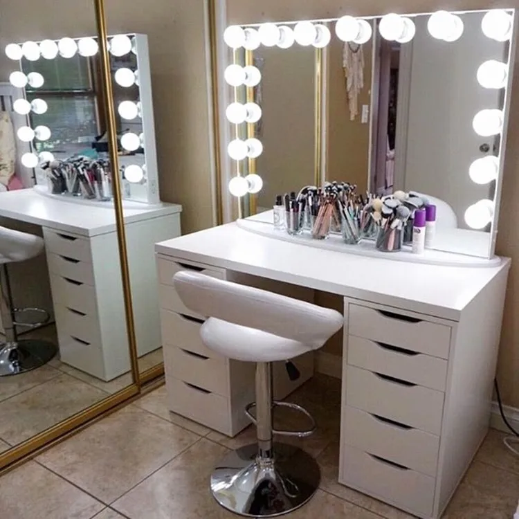 14 Leds Wood makeup vanity table with mirror set Dressing Table with mirror and draws makeup vanity table with mirror set