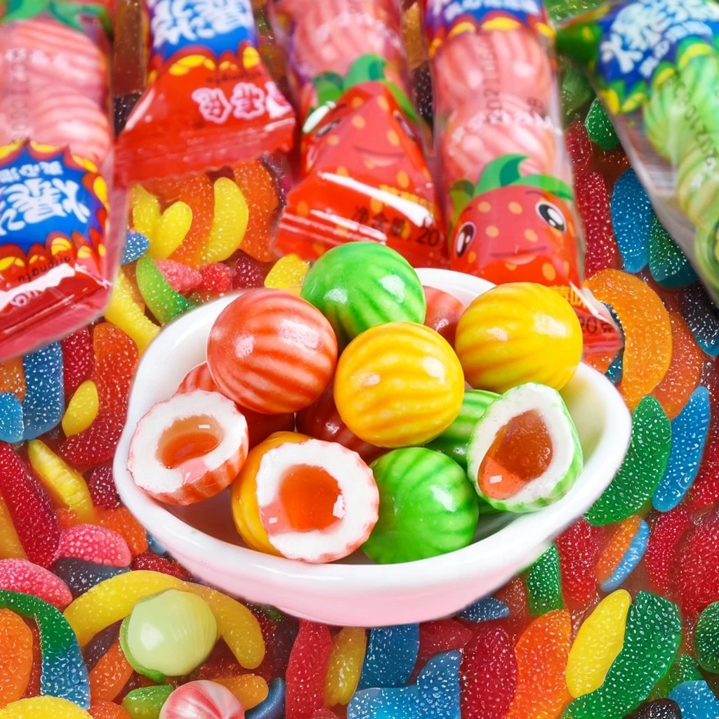 Sweet Assorted Fruity Flavor Watermelon Balls Shaped Sandwich Bubble Gum Chewing Candy Packaged in Box or Bag