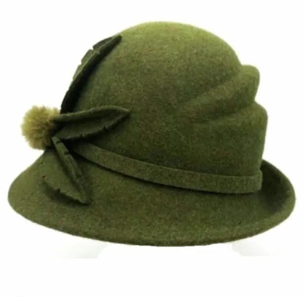 Fashion Handmade Green Wool Felt Cap Women Church Hat Felted Wool Hat Fedora Beret Europe German Style Dress Cap Green Hat