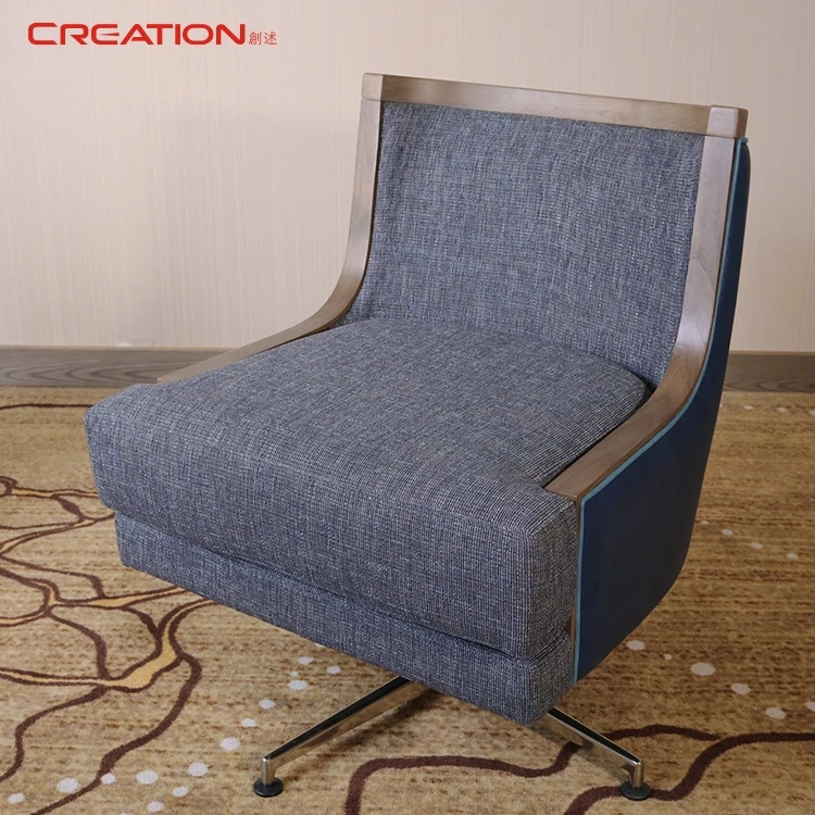 Cheap Hotel Furniture Italy Star Hotel Project Stainless Steel Base Rotating Deep Blue Genuine Leather Sofa Chair For Hotel