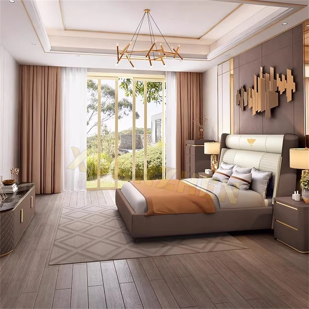 Bedroom furniture king size luxury bed set leather beautiful wooden bed frame hotel golden modern metal beds Y-X11