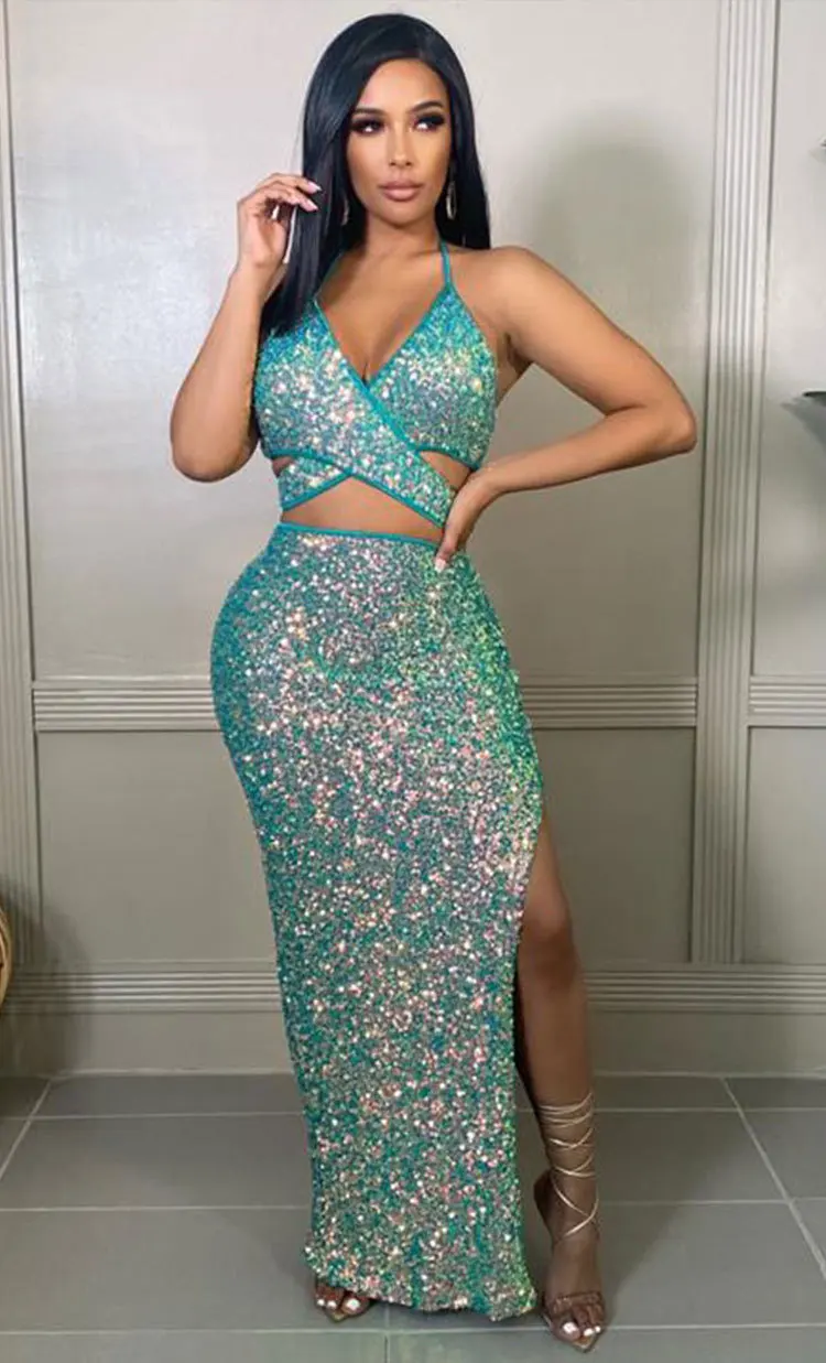 2022 Hot mesh sequined skirts two piece set clothing