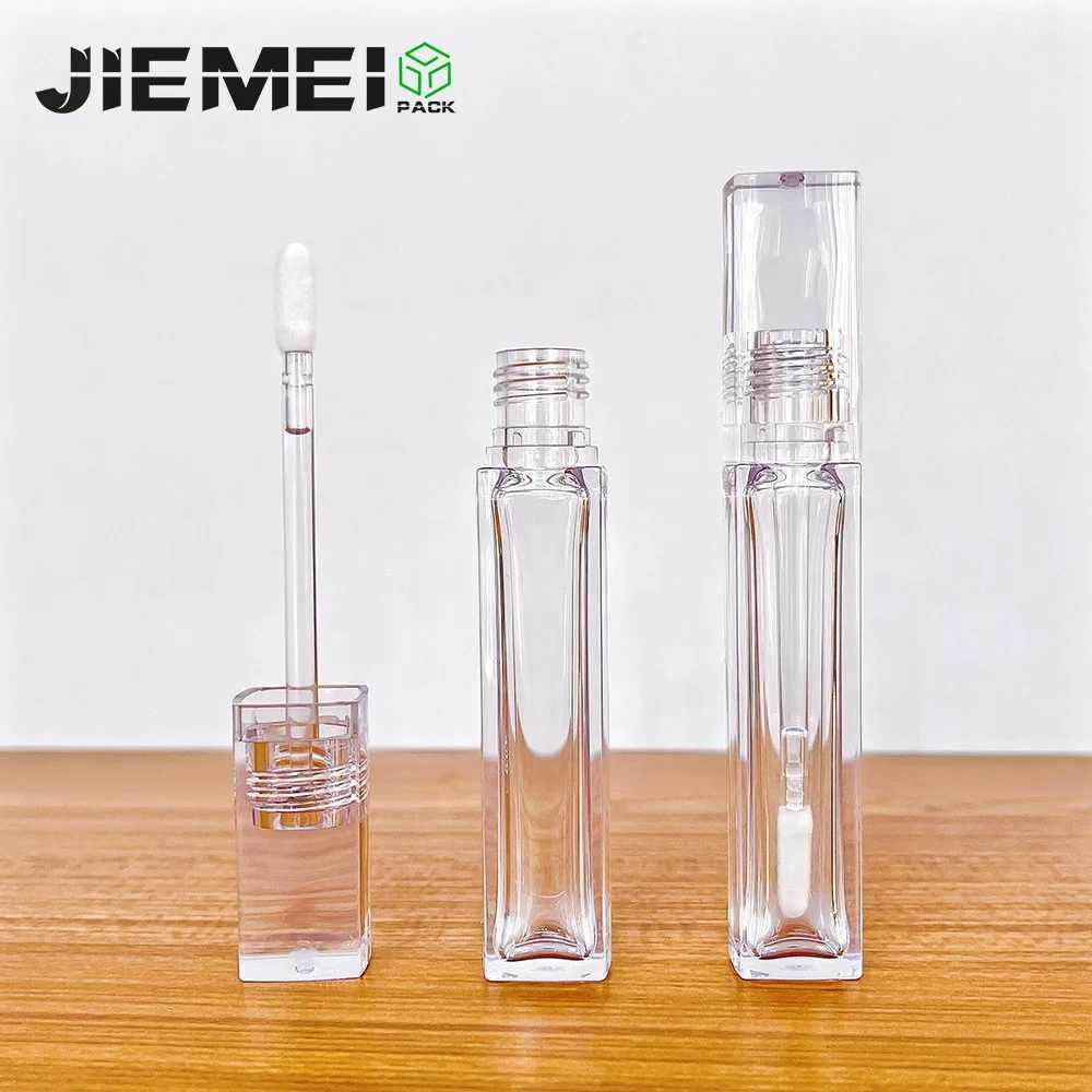JIEMEI Stock Unique Square 6.5ML PETG Empty Plastic Lip Gloss Tube Transparent Clear Lipgloss Bottle With Silicone Flat Brush