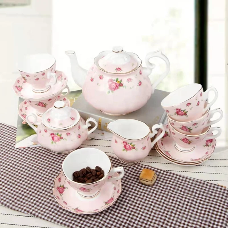 Ceramic 15 Pieces Royal Albert Style Fine Bone China Porcelain Cup and Saucer Milk Sugar Pot Kettle Coffee & Tea Set