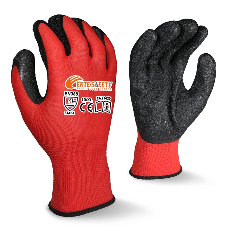 ENTE SAFETY 13G polyester knit shell latex crinkle palm coating construction building rugged wear work non-slip safety gloves