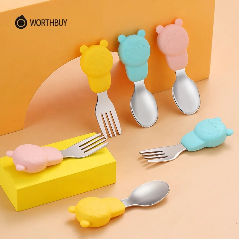 WORTHBUY Carton Pilot Tableware For Kids 18/8 Stainless Steel Spoon Fork Dinnerware Set With Silicone Handle Kitchen Dinner Set