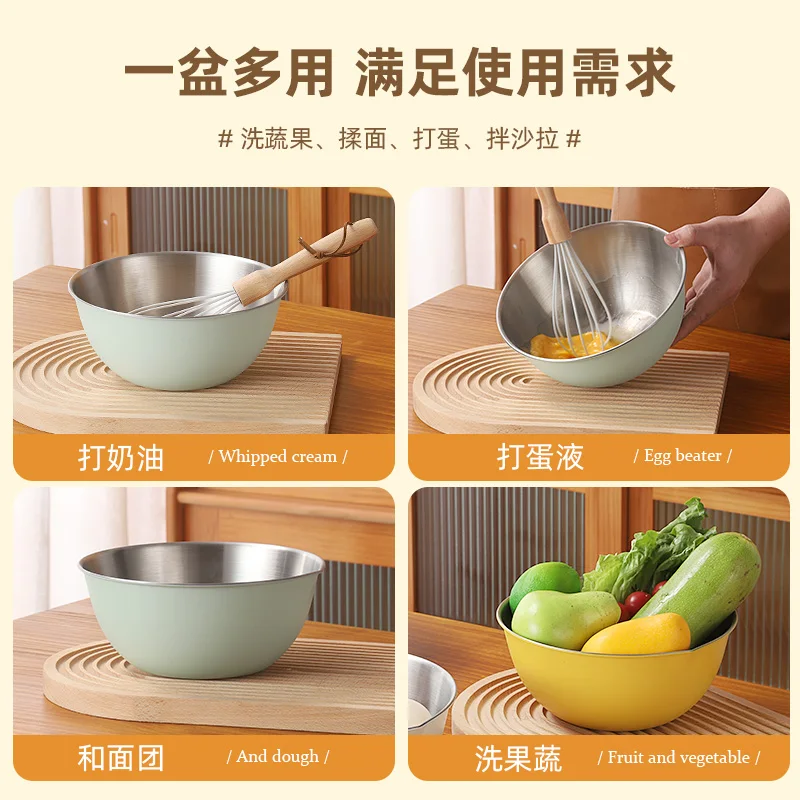 Wholesale Round 20Cm 26Cm 30Cm Stainless Steel Mixing Bowl Anti-Scalding Home Kitchen Green Silver Colorful Salad Serving Bowl