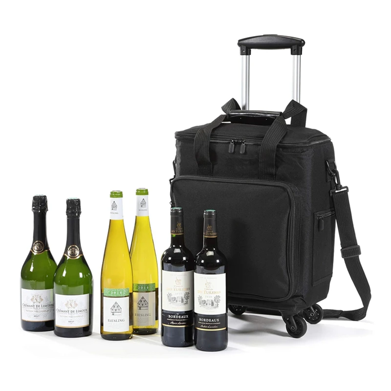 3 In 1 Carrier 6 Bottles Wine Suitcase Versatile Rolling Cooler Bag Trolley Bag Wine Luggage with removable Insulation Padding