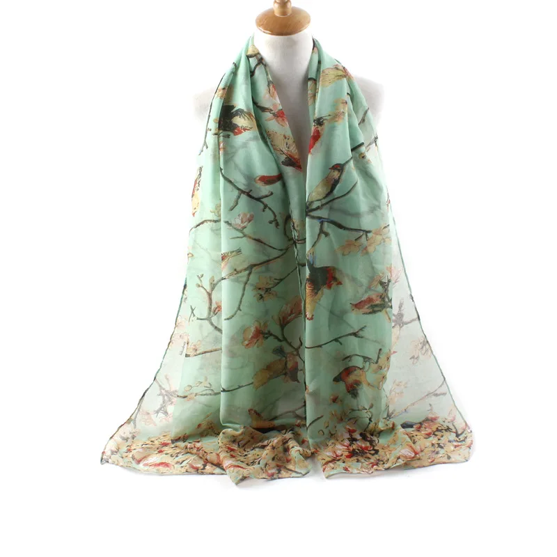 Hot Selling Explosive New Style Animal Elegant Summer Scarf Branch And Bird Print Scarfs For Women