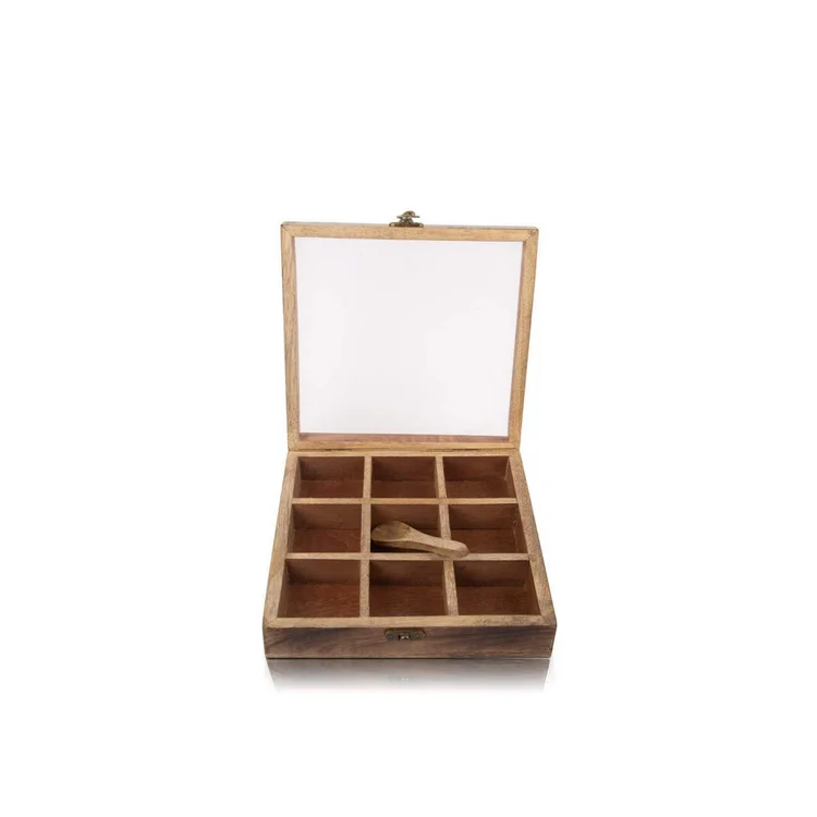handmade square wood shadow wooden masala spice compartment storage craft box for kitchen