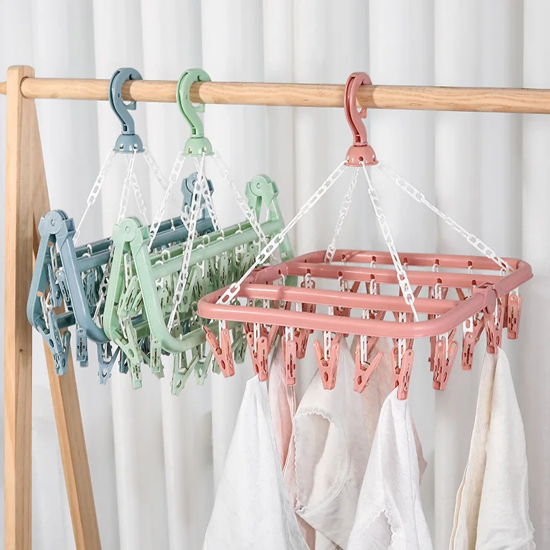 MJ Hot Selling Foldable Clothes Plastic Hanger For Scarf Socks Hook And Underwear Hanger With 32 Clips With Best Price