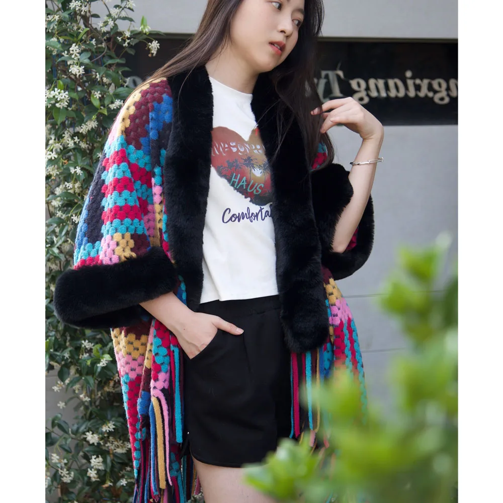 Lady Big Size Warp Scarf New Designed Wool Blended Color Blocked Shawl With Tassel Long Shawl With Fur Trim