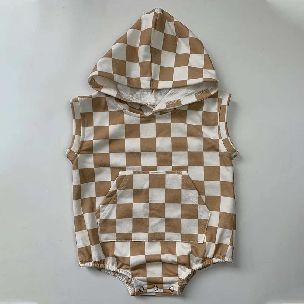 Custom design summer baby neutral Classical checkerboard hooded sleeveless romper french terry toddler casual cute clothing
