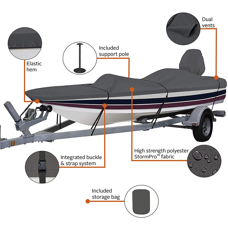 Сверхмощный 600D Marine Grade полиэстер холст Trailerable водонепроницаемый Чехлы для лодки с v-образным вырезом