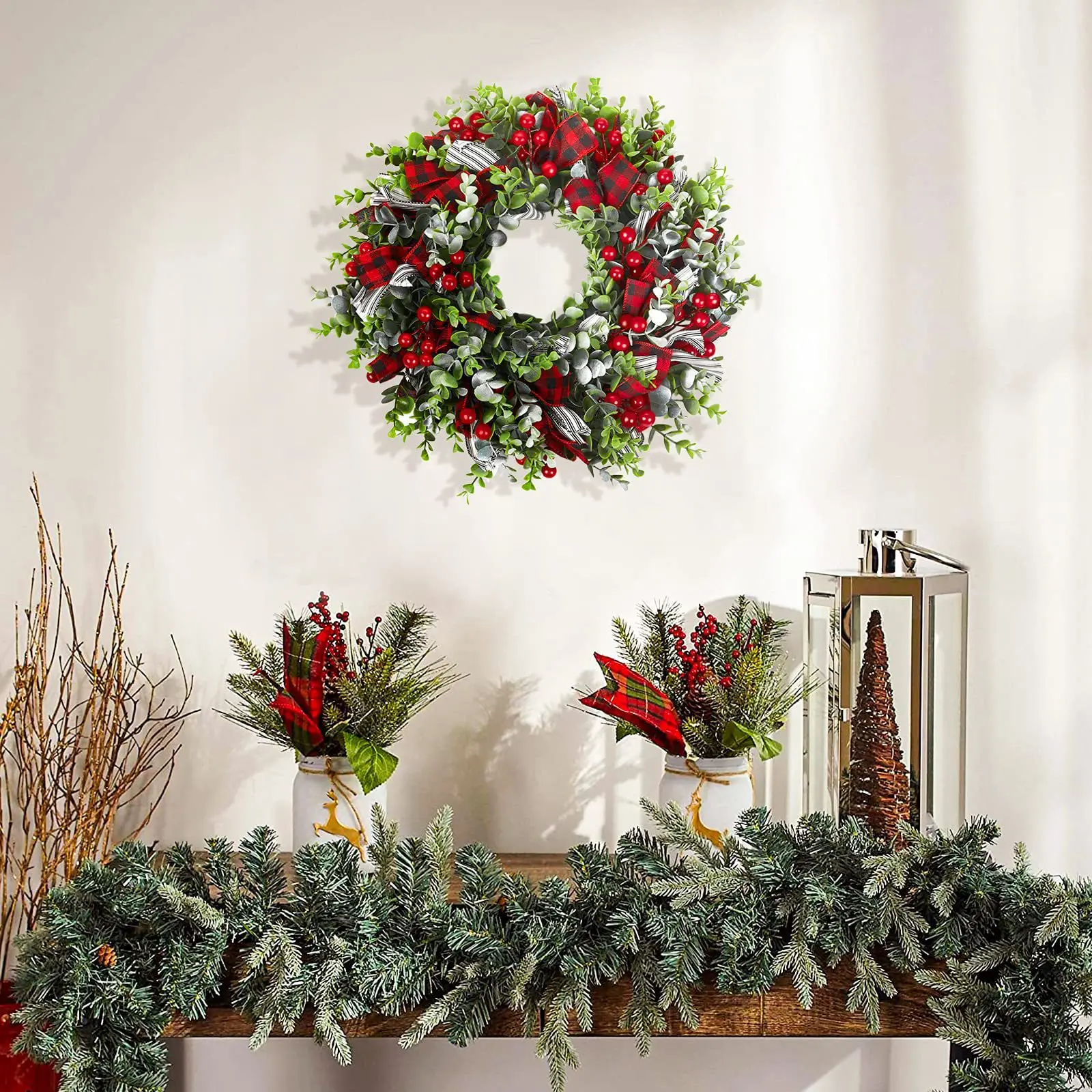 Christmas Wreath Front Door Decoration Wreath Winter Artificial Flowers Home Party Outdoor Indoor Bow Wreath