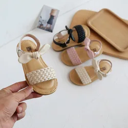 Western style girls woven sandals summer sweet bow board shoes soft bottom beach artificial leather sandals