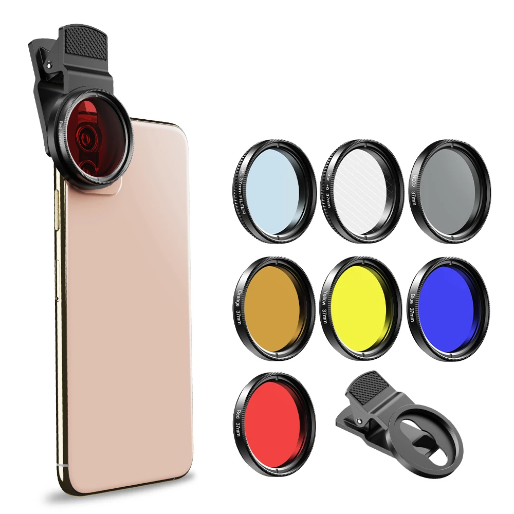 Apexel 37MM mobile phone camera lens ND32 Yellow Orange Red Blue full color filter 7 in 1 lens kit for aquarium smartphone