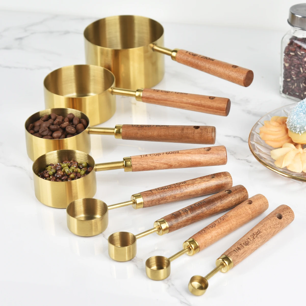 High Quality Measuring Cup And Spoon Set of 8 With Wooden Handle Stainless Steel Kitchen Measuring Spoon With Rose Coated
