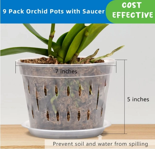 7 Inches Orchid Pots for Repotting, Clear Orchid Pot with Holes and Saucers, Breathable Slotted Orchid Planters