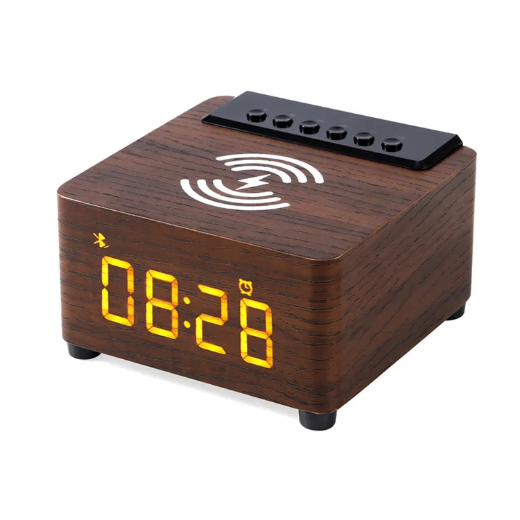 Manufacturers wholesale selling wireless mobile phone charger wood grain bt speaker alarm clock LED display FM radio speak