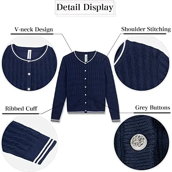 OEM Custom Girls Sweater Pullover Cardigan School Uniforms For Girl  Long Sleeve V Neck Cotton Knit Sweater
