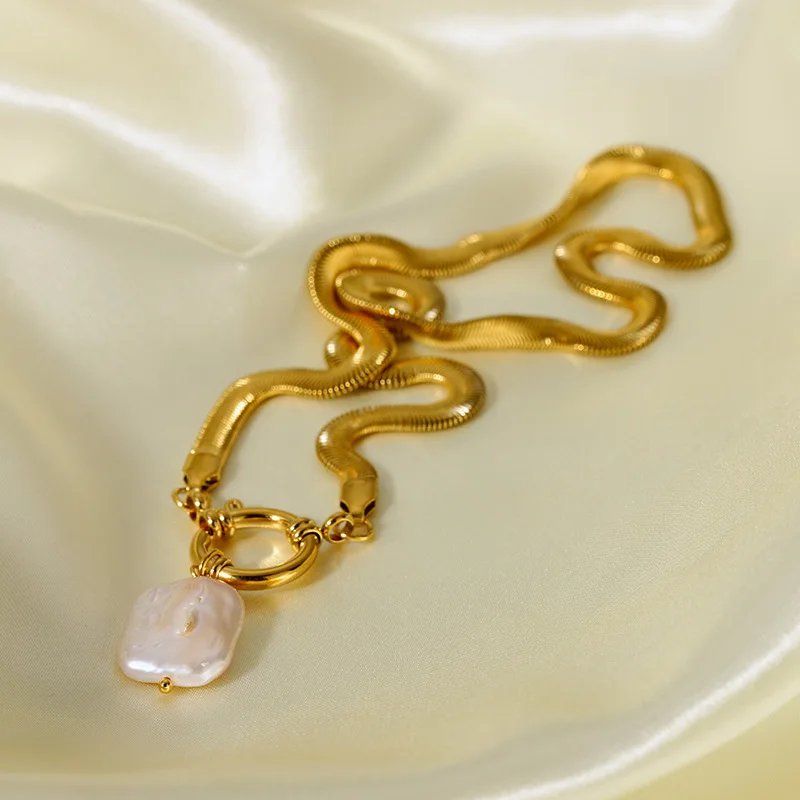 Waterproof Gold Plated Stainless Steel Necklace Chunky Snake Chain Freshwater Pearl Pendant Necklace collier en acier inoxydable