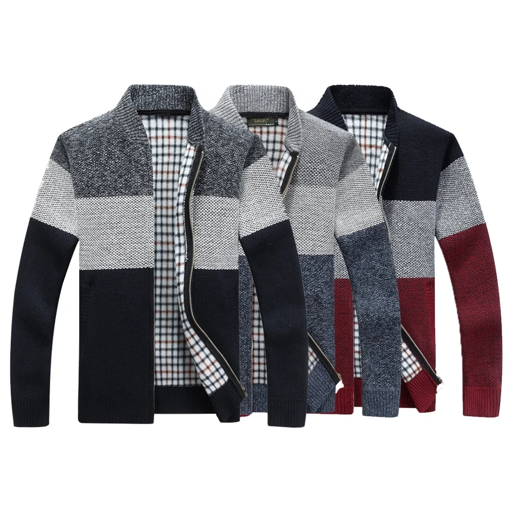 O Neck Long Sleeve Grey Color Block Zip Up Mens Cardigan Sweater For Men