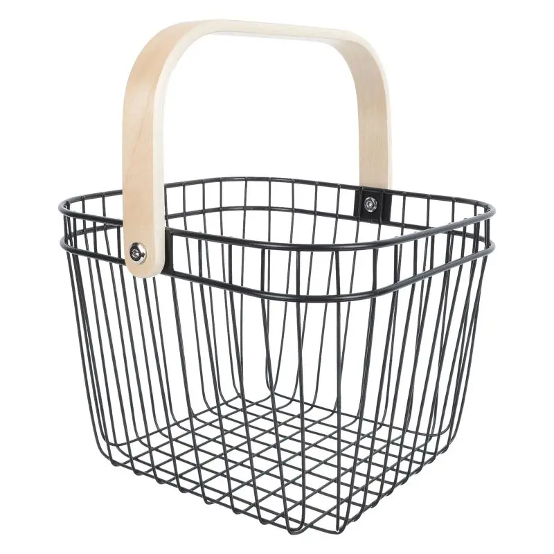 Wire Mesh Fruit Basket Stackable Metal Storage Basket With Wood Handle For Kitchen or Bathroom