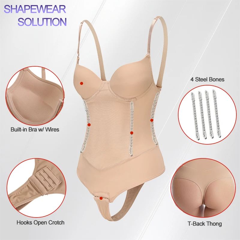 Women Sexy Thong Shaper Breast up Bodysuit Shapewear T-back Thong Corset Built-in Bra 4 Steel Bones Tummy  Control Body Shaper