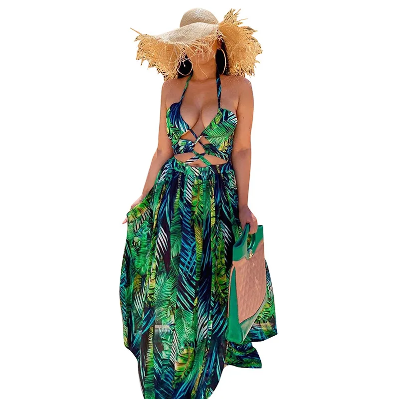 
2021 chiffon sleeveless chiffon dress summer new medium to long loose show thin off-the-shoulder halter sundress 