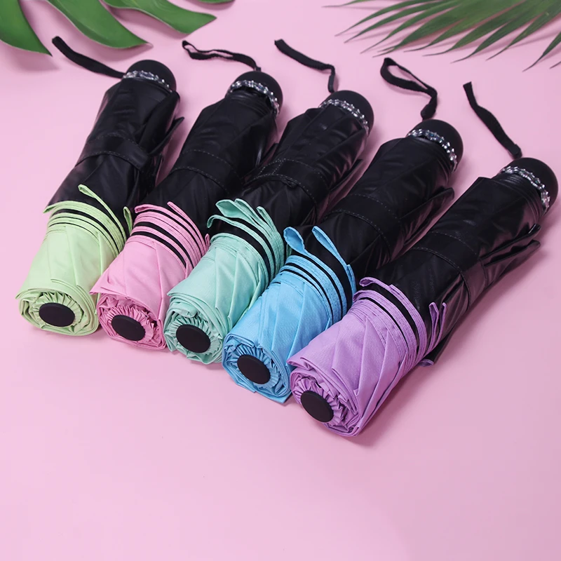2022  macaron UV protection lady black coating 3 folding umbrella
