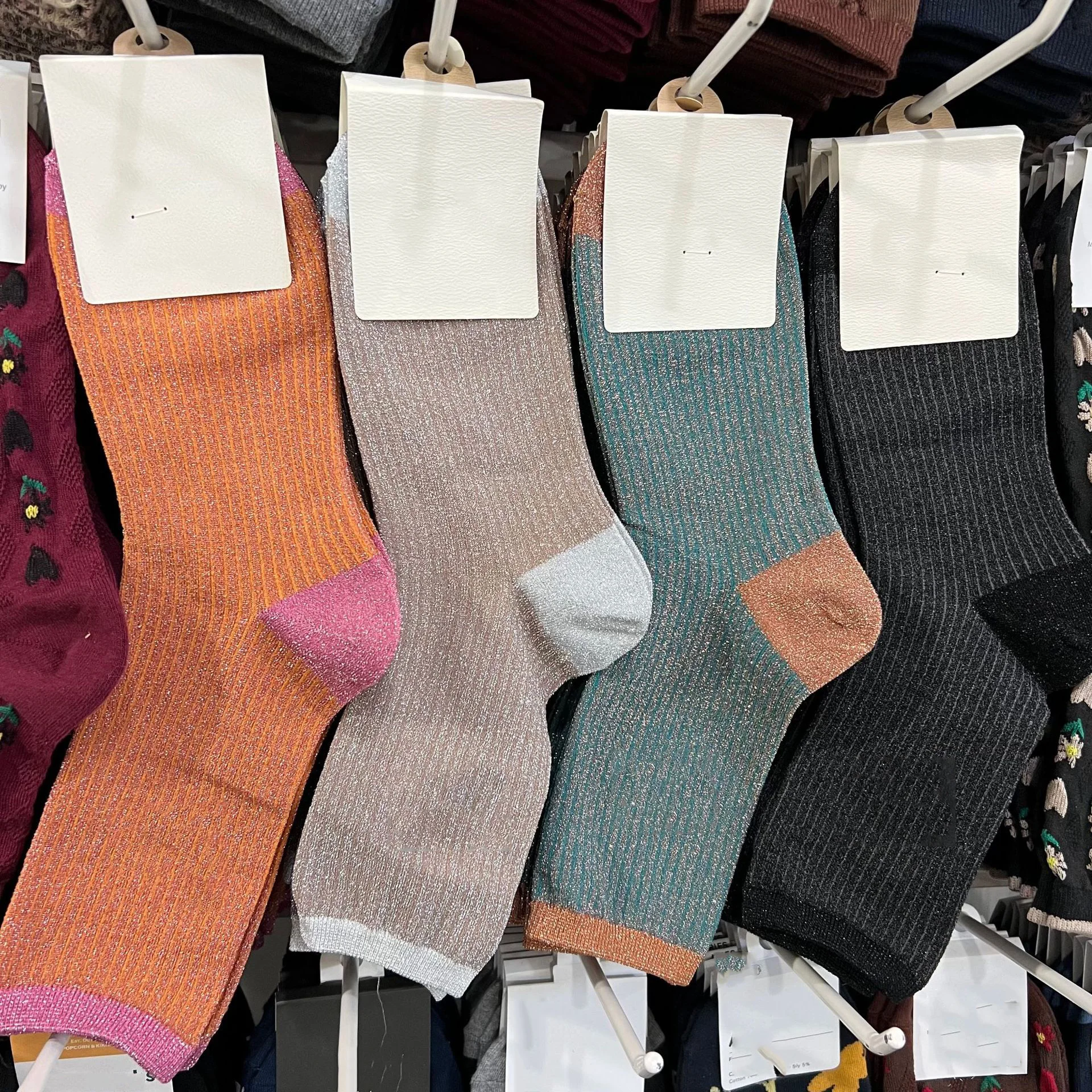 Solid color golden silver yarn made polyester women double cylinder socks