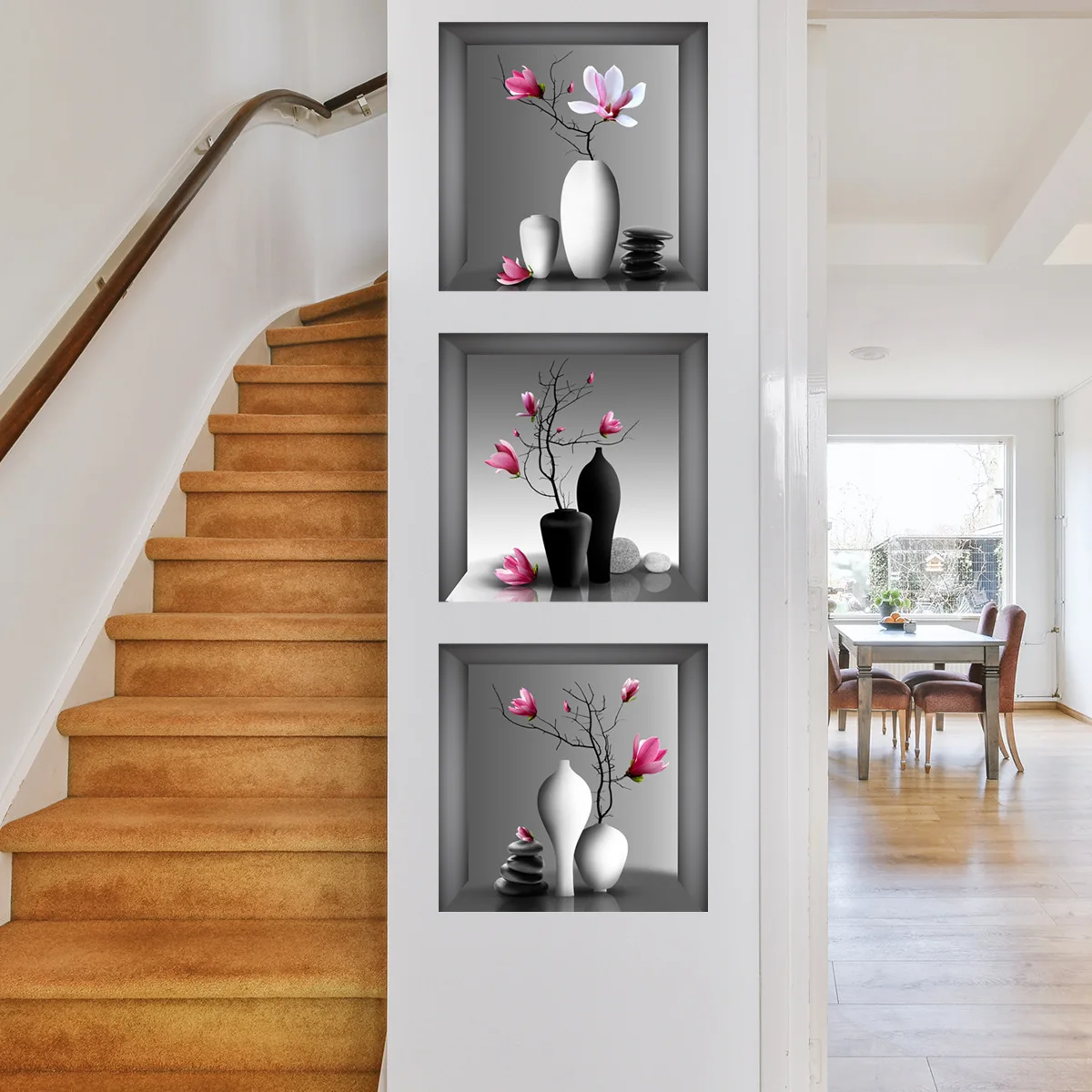 Three-dimensional 3d Effect Vase Flower Pot Triptych Wall Stickers Hallway Porch Living Room Background Decoration