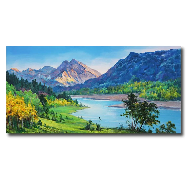 Beautiful natural scenery wall art handmade landscape oil painting blue mountain canvas art