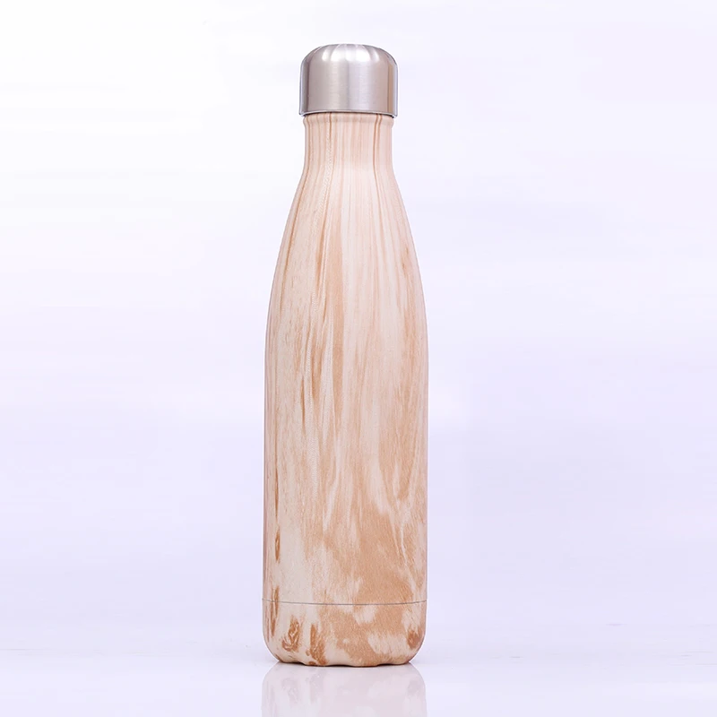 
2020 500ml Insulated Wood Grain Blank Sublimation Stainless Steel Cola shape Drinking Water Bottle 